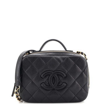 CC Top Handle Zip Around Vanity Case with Chain Quilted Caviar Small