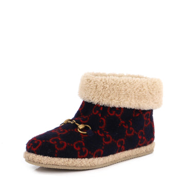 Gucci Women's Fria Horsebit Ankle Boots GG Wool and Shearling