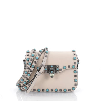 Valentino Rolling Rockstud Crossbody Bag Leather with Cabochons Small Neutral 2273701