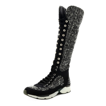 Chanel Women's Knee High Sneaker Boots Tweed with Leather