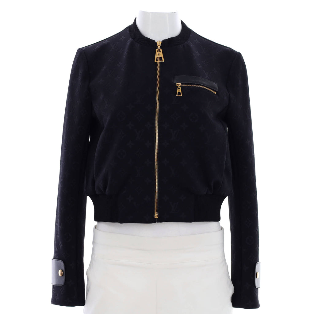 Louis Vuitton Women's Front Pocket Bomber Jacket Monogram Embossed  Polyester Blend Black 2274251