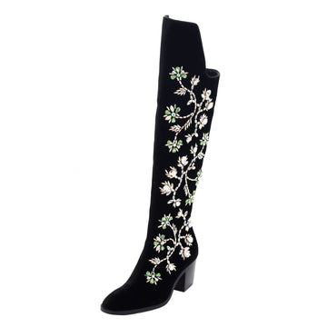 Christian Louboutin Women's Morgan Fleur Knee High Boots Velvet with Crystals