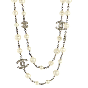 Chanel CC Station Long Necklace Metal with Faux Pearls and Crystals