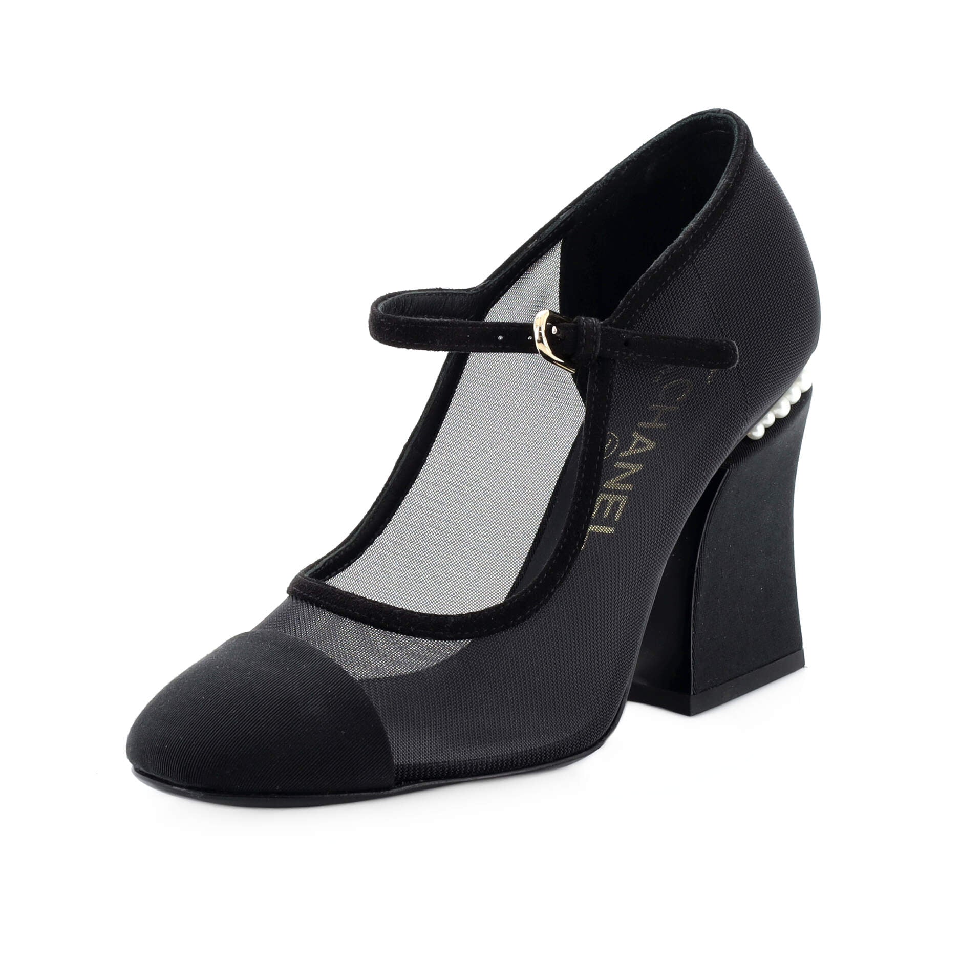 Chanel Women's Cap Toe Block Heel Pumps Mesh and Grosgrain with