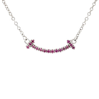 Tiffany & Co. T Smile Pendant Necklace 18K White Gold with Pink Sapphires Mini
