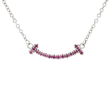 Tiffany & Co. T Smile Pendant Necklace 18K White Gold with Pink Sapphires Mini
