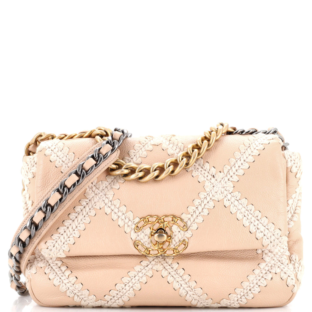 Chanel 19 Flap Bag Crochet Quilted Calfskin Medium Neutral 22779312