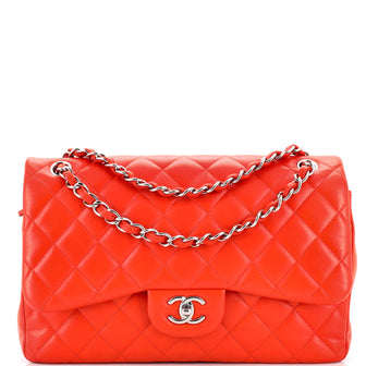 CHANEL Red Quilted Lambskin Leather Classic Jumbo Double