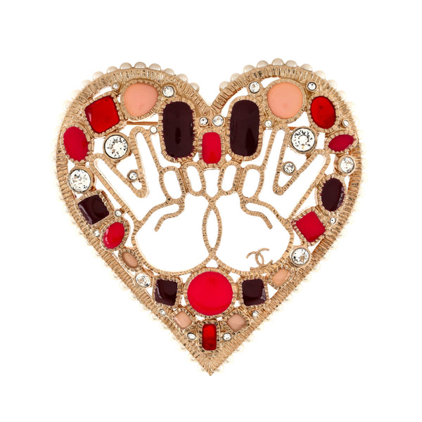 Chanel Emoticon Heart Brooch Metal with Crystals, Faux Pearls, and