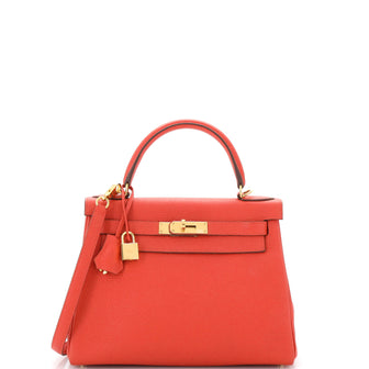 Hermes Kelly Handbag Red Clemence with Gold Hardware 28