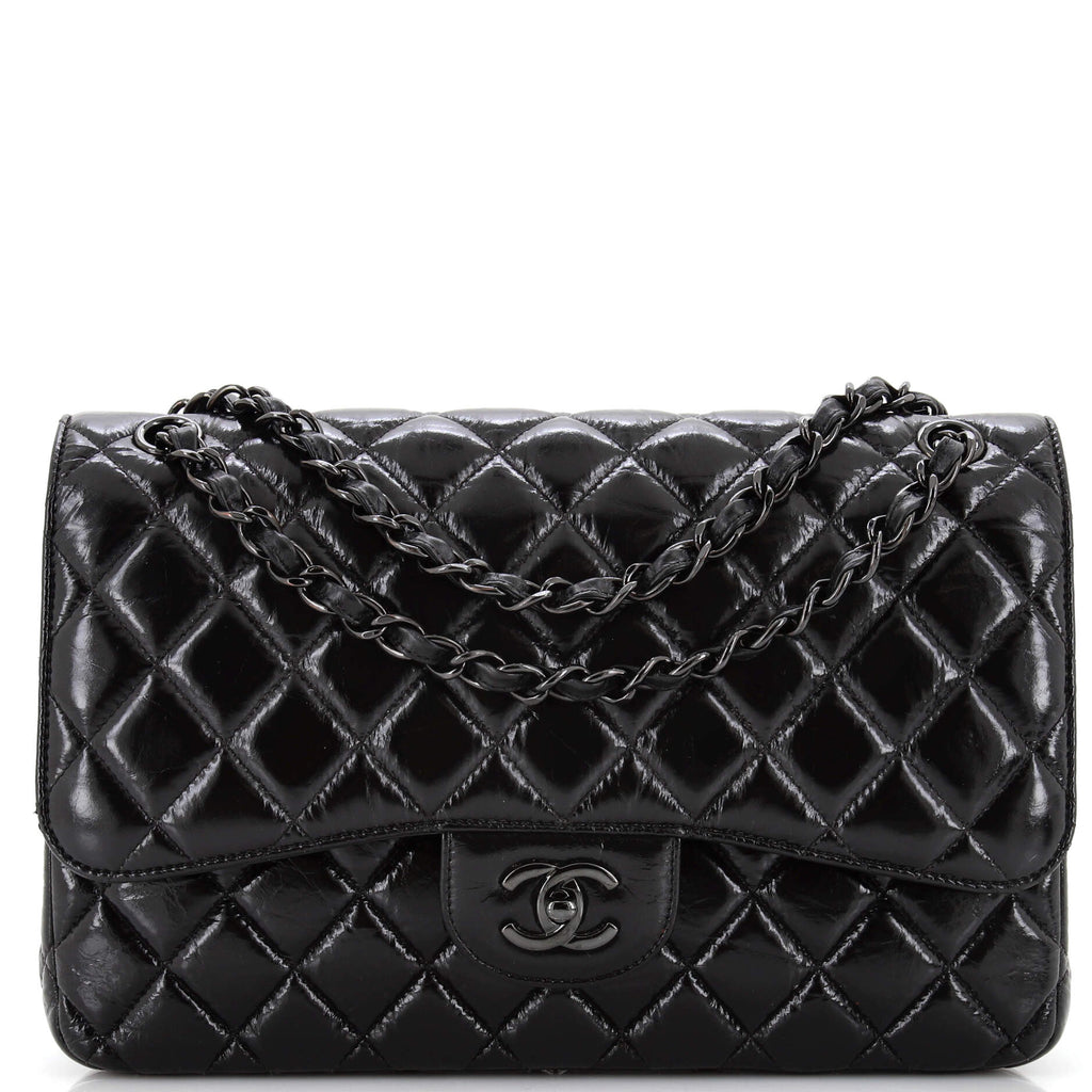 CHANEL Shiny Crumpled Calfskin Quilted Medium Double Flap So Black 573208