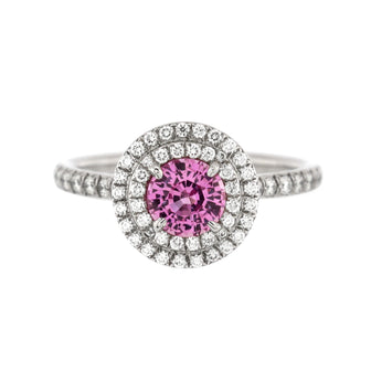 Tiffany & Co. Soleste Round Double Halo Ring Platinum with Pink Sapphire and Diamonds