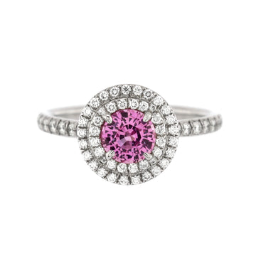Tiffany & Co. Soleste Round Double Halo Ring Platinum with Pink Sapphire and Diamonds