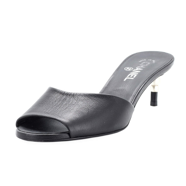 CHANEL ブラック シルバー ハイヒール 38C Chanel Women's Pearl Heel Open Toe Mules Leather 228447