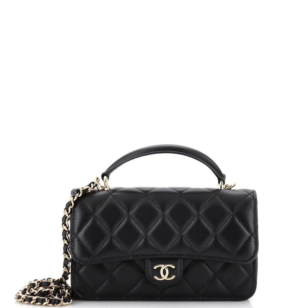 Chanel Classic Top Handle Flap Phone Holder with Chain Quilted Lambskin  Black 2284961