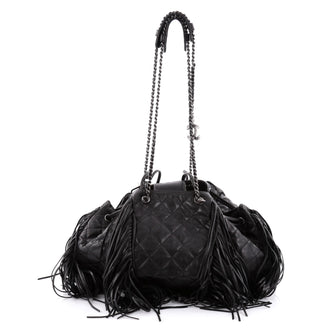 Chanel Paris-Dallas Drawstring Fringe Shoulder Bag Quilted Leather Large BLack