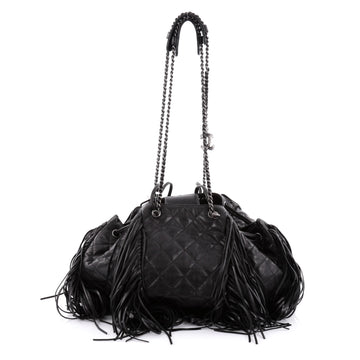 Chanel Paris-Dallas Drawstring Fringe Shoulder Bag Quilted Leather Large BLack