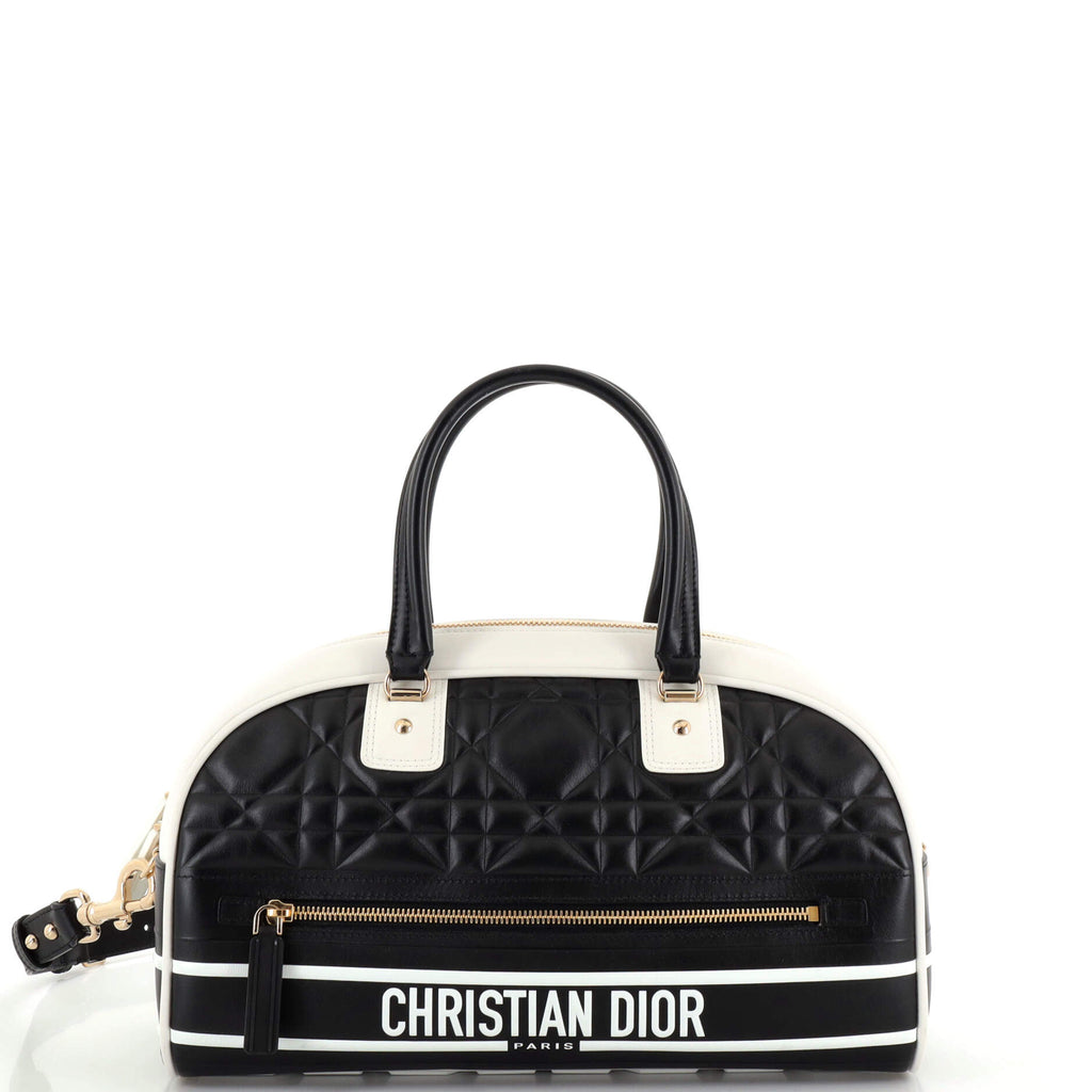 Christian Dior Vibe Front Zip Bowling Bag Cannage Calfskin Medium Black  22861422