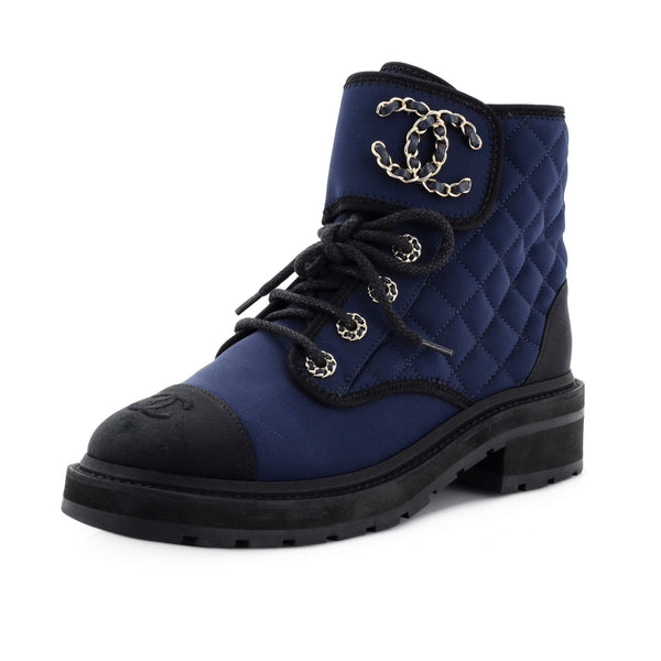 Chanel Women's Chain CC Cap Toe Lace Up Combat Boots Quilted Fabric and Grosgrain Blue