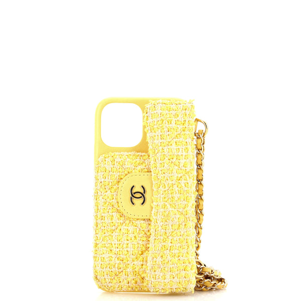 Chanel Pearl Crush Phone Case with Chain Quilted Tweed iPhone 12 Pro Yellow  2289141