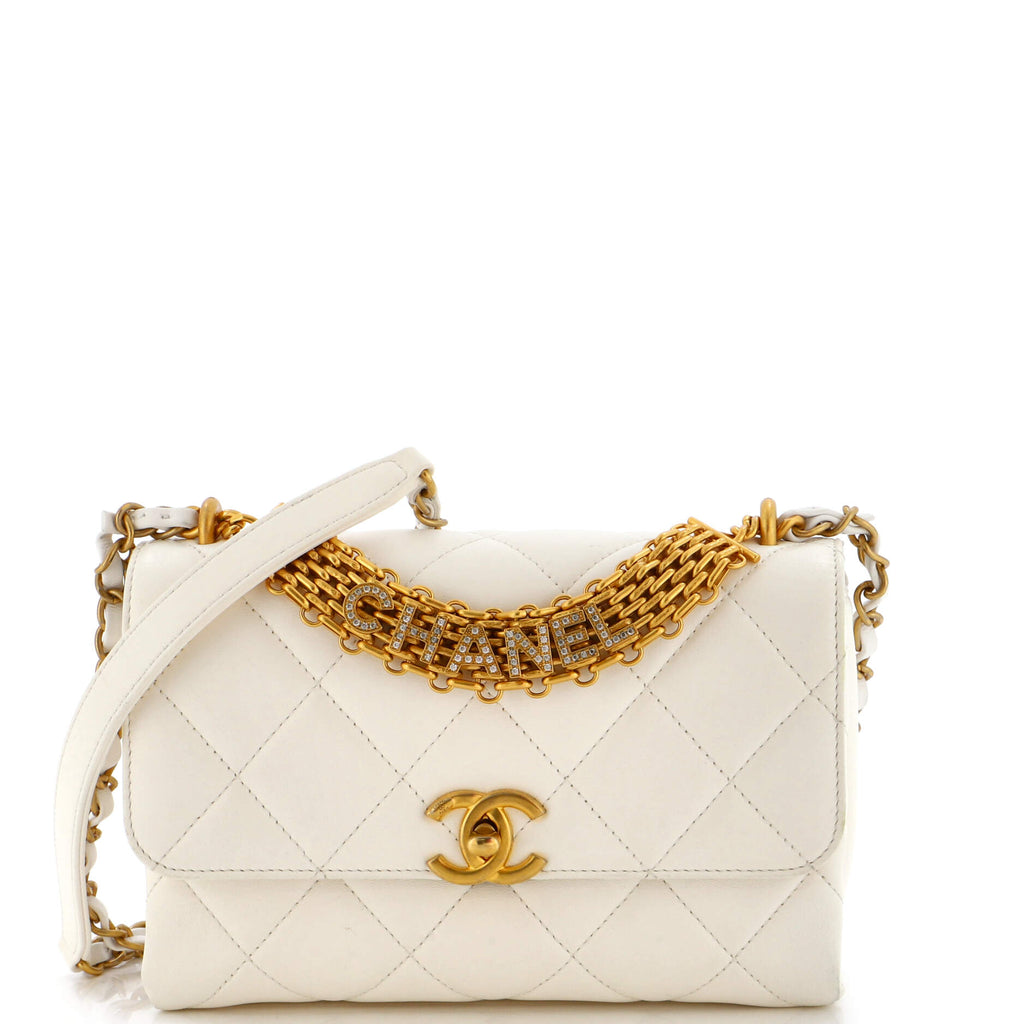 Chanel Crystal Logo Letters Chain Handle Flap Bag Quilted Lambskin Small  White 2290746