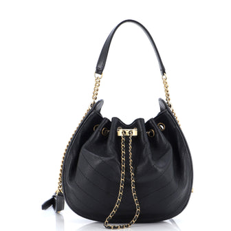 Chanel CC Chain Drawstring Bucket Hobo Chevron Calfskin Small