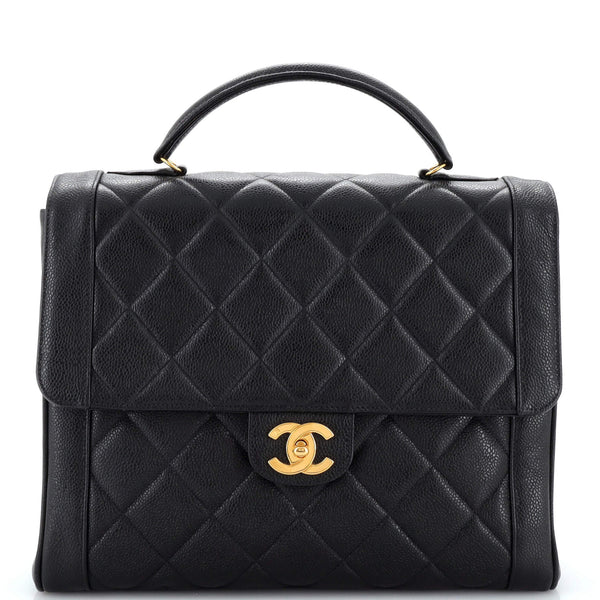 Chanel Vintage Two-Tone Kelly Top Handle Bag Quilted Caviar Jumbo Black