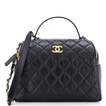 Chanel CC Double Zip Top Handle Bowler Bag Quilted Aged Calfskin Small