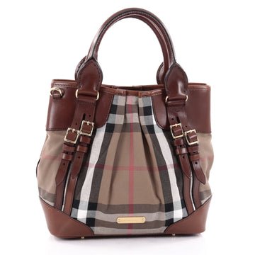 Burberry Bridle Whipstitch Convertible Tote House Check Canvas Small