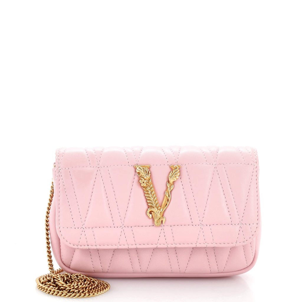 Versace Virtus Chain Flap Shoulder Bag Quilted Leather Mini Pink
