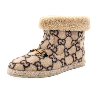 Gucci Women's Fria Horsebit Ankle Boots GG Wool and Shearling