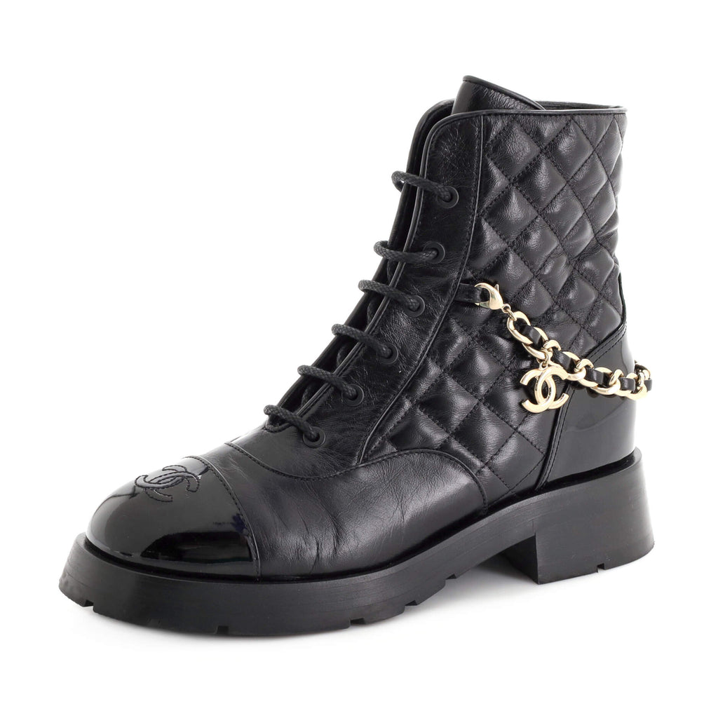 Chanel Women's Chain CC Cap Toe Lace Up Combat Boots Quilted Shiny Calfskin  Black 2279016