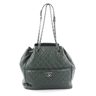 Chanel Drawstring CC Lock Bucket Bag Quilted Lambskin Medium Green