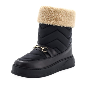 Gucci Women's Horsebit Cold Weather Flat Boots Matelasse Nylon and Leather with Shearling