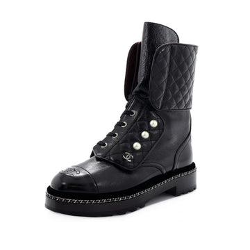 Chanel Women's CC Cap Toe Chain Combat Boots Quilted Leather