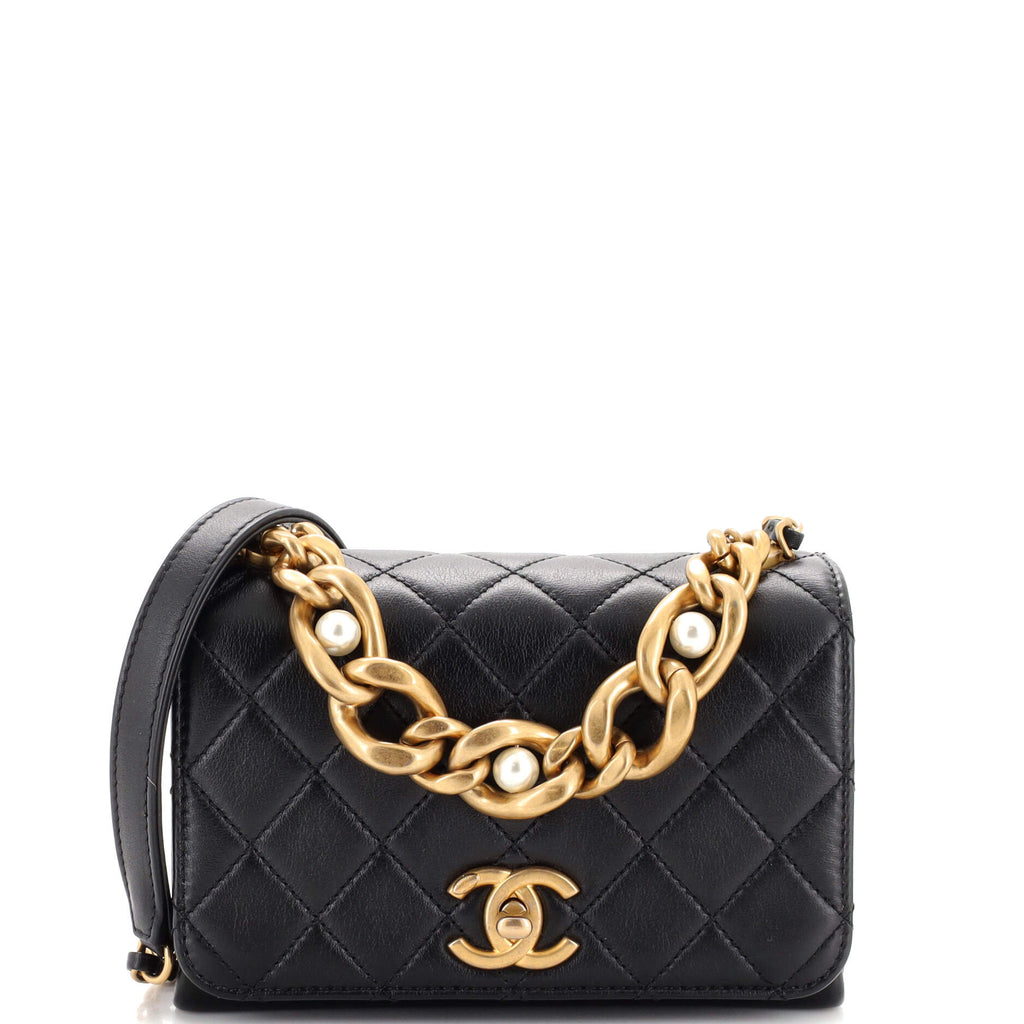 Chanel Calfskin Quilted Maxi Pearls Clutch with Chain Black
