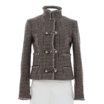 Chanel Women's Houndstooth Stand Collar Jacket with Crystal Closures Wool