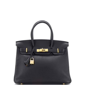 Hermes Birkin Handbag Black Clemence with Gold Hardware 30