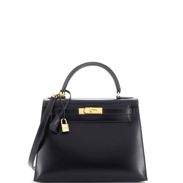A BLACK CALF BOX LEATHER SELLIER KELLY 28 WITH GOLD HARDWARE