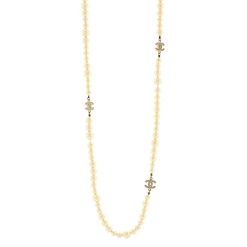 Chanel CC Station Long Necklace Metal with Faux Pearls and Crystals
