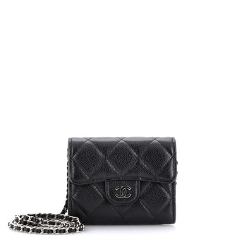 Chanel Classic Flap Card Holder on Chain Quilted Caviar Mini at 1stDibs