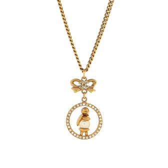 Chanel CC Bow Animal in Round Drop Pendant Necklace Metal with Crystals and Faux Pearl