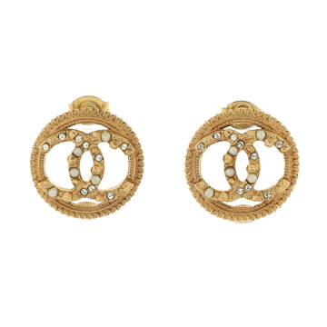 Chanel CC Round Stud Earrings Metals with Crystals and Faux Pearls