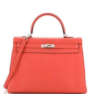 Hermes Kelly Handbag Red Clemence with Palladium Hardware 35