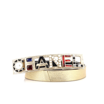 Chanel Logo Letters Cutout Buckle Belt Leather with Metal, Crystals, Faux Pearls and Resin Thin