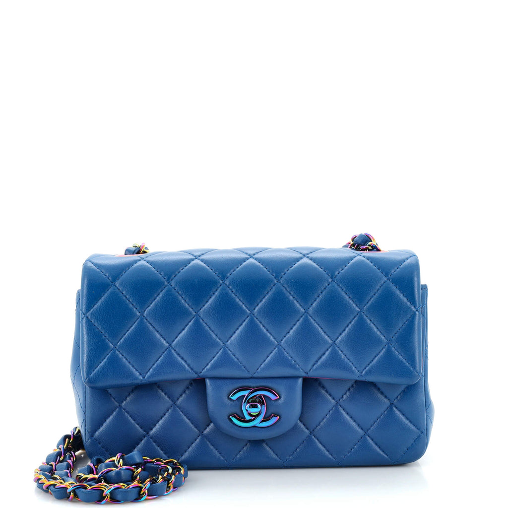 Chanel Classic Single Flap Bag Quilted Lambskin with Rainbow Hardware Mini  Blue 2303742