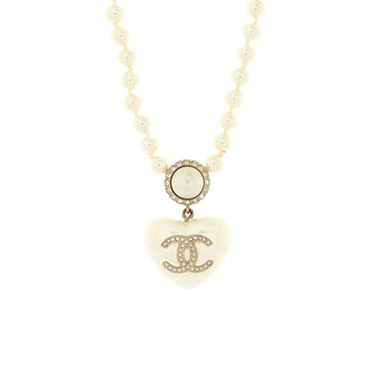 Chanel CC Heart Pendant Necklace Faux Pearls with Resin, Metal and Crystals