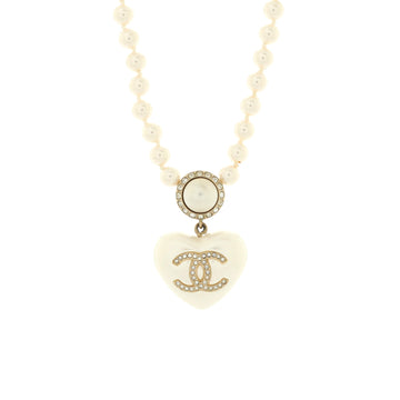 Chanel CC Heart Pendant Necklace Faux Pearls with Resin, Metal and Crystals