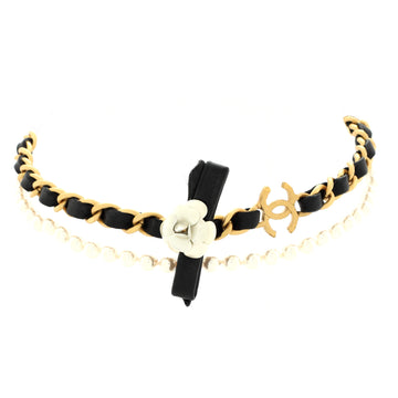 Chanel CC Camellia Choker Necklace Metal with Leather and Faux Pearls
