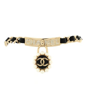 Chanel CC Flower Lock Choker Necklace Metal with Leather, Crystals, Faux Pearls and Enamel